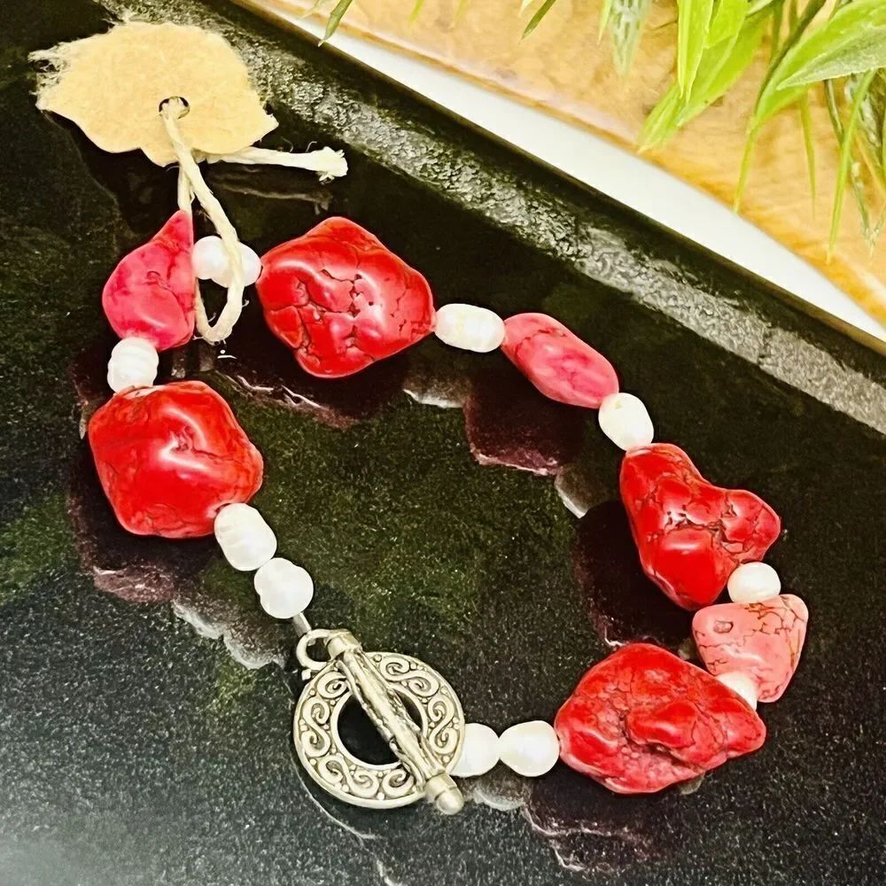Artisan Bracelet Pearls Pink Red Dyed Howlite Silver Ornate Toggle Clasp 1384